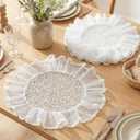 Tegeme 6 Pack Retro Lace Placemats French Ruffled Doilies 16 Inch Round Embroidered Flower Cup Mat Farmhouse Decoration for Cake Dessert Dining Table Wedding Birthday Party(White,Lace)