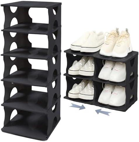 TXALWIQ 6-Tier Thickened Shoe Rack, Stackable Storage Organizer for Bedroom Entry, Adjustable Rack, Shoe Slots Shelf, Easy Tower Rack, Black 2 Packs