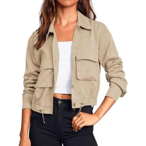 Onedreamer Women's Military Safari Cropped Jackets Button Down Lightweight Oversized Utility Anorak Coat with Pockets (Beige, Small)