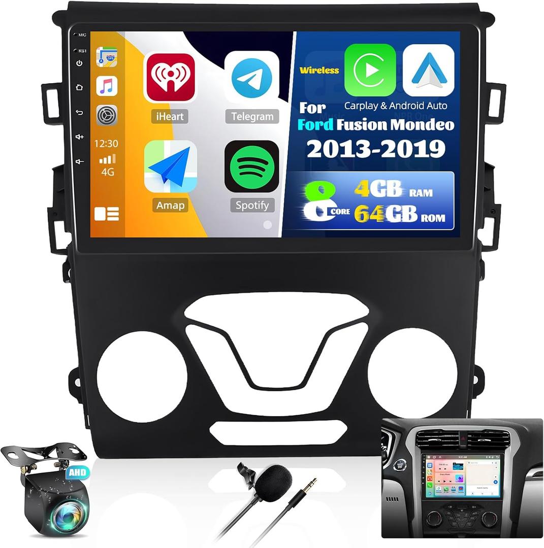 [8 Core 4G+64G] Car Radio for Ford Fusion Mondeo 2013-2019 with Wireless Apple Carplay Android Auto,9'' Touchscreen Android 13 Car Stereo with WiF/GPS Navigation,Bluetooth,FM/RDS,SWC+Backup Camera