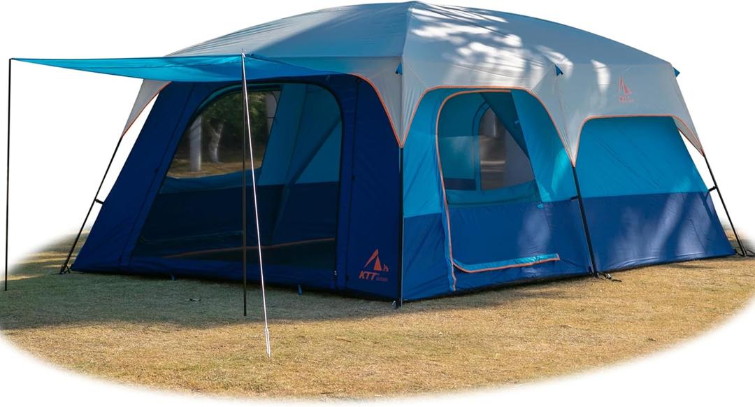 KTT Extra Large Tent 10-12-14 Person (Style-B), Family Cabin Tents, 2 Rooms, 3 Doors and 3 Windows with Mesh, Straight Wall, Waterproof, Double Layer, Big Tent for Outdoor, Picnic, Camping, Family Gathering