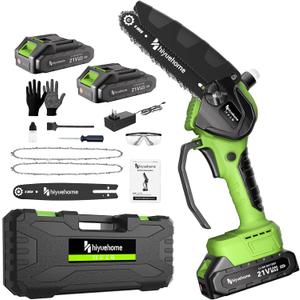 6inch Mini Chainsaw, Chainsaw Cordless w Automatic Oiler, Handheld Electric Power Chain Saw w Security Lock, Brushless Motor,Chainsaws for Wood/Trees Trimming (Green - 2 batteries, 6 INCH)
