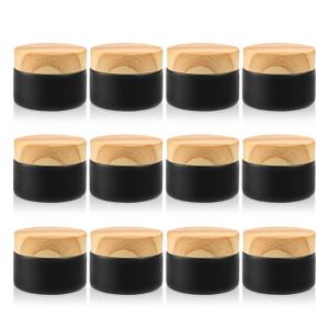 12 Pcs 1 Oz Frosted Cream Jar,Empty Refillable Glass Cosmetic Container Jars Holder With Inner Liner,Wood Grain Lid For Moisturizer,Foundation,Lotion,Ointment-Black