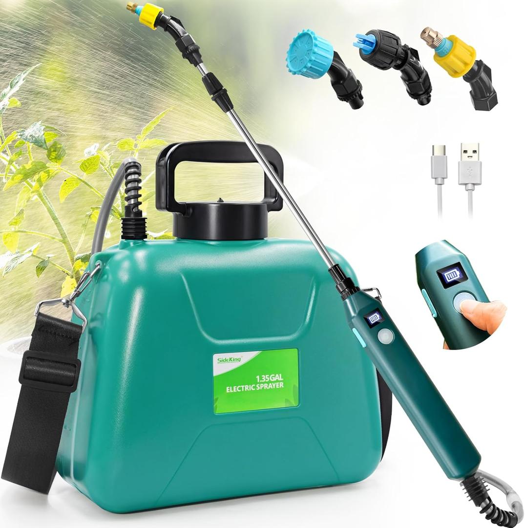 1.35 Gallon/5L Battery Powered Sprayer, Electric Sprayer with USB Rechargeable Handle, Battery Indicator, Garden Sprayer with Telescopic Wand, 3 Nozzles, Adjustable Shoulder Strap (Green)