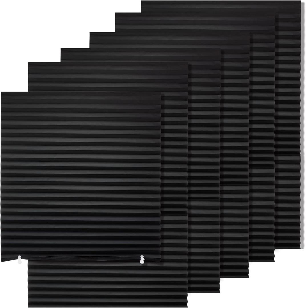 MYshade 6 Pack Temporary Blackout Paper Shades for Windows, Paper Pleated Blinds with Adhesive, No Tools, No Drilling, Free Cut Size Temporary Room Darkening Shades, (Black, 36" W x 72" H)