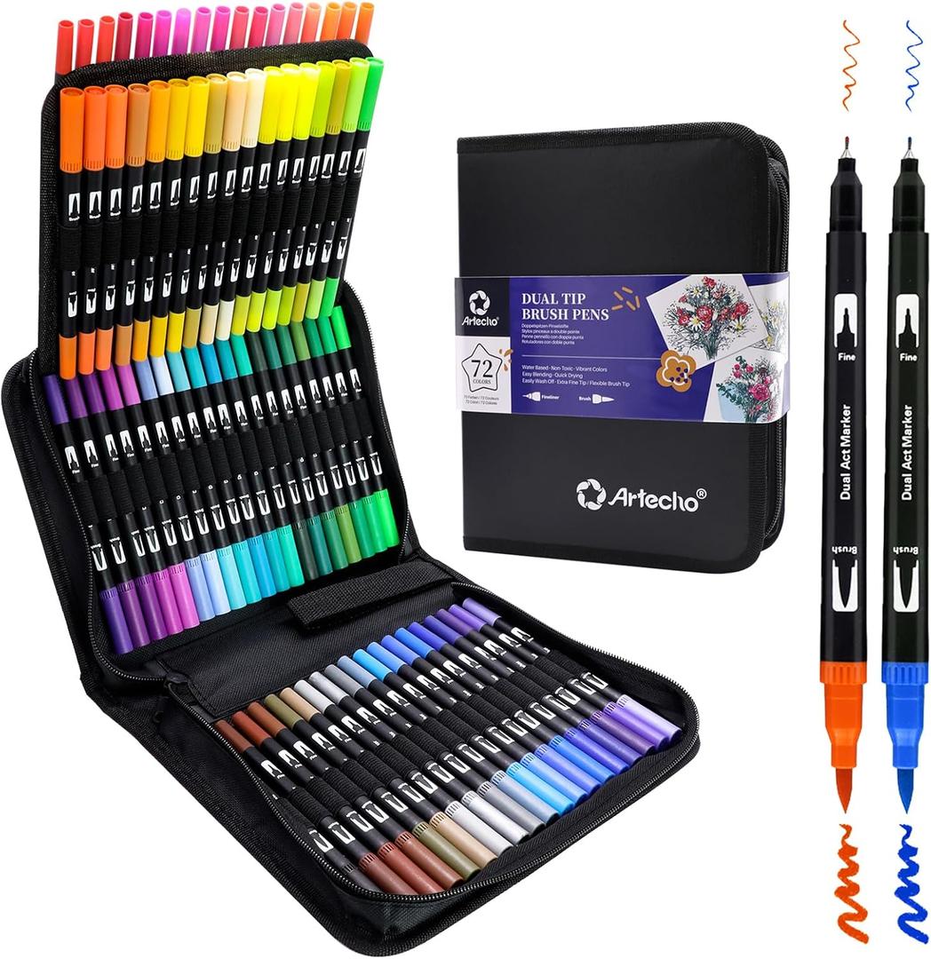 Artecho 72 Colors Markers for Adult Coloring Books, Dual Tip Markers for School, Fine and Brush Tip for Adults Coloring Books, Calligraphy, Drawing, Sketching
