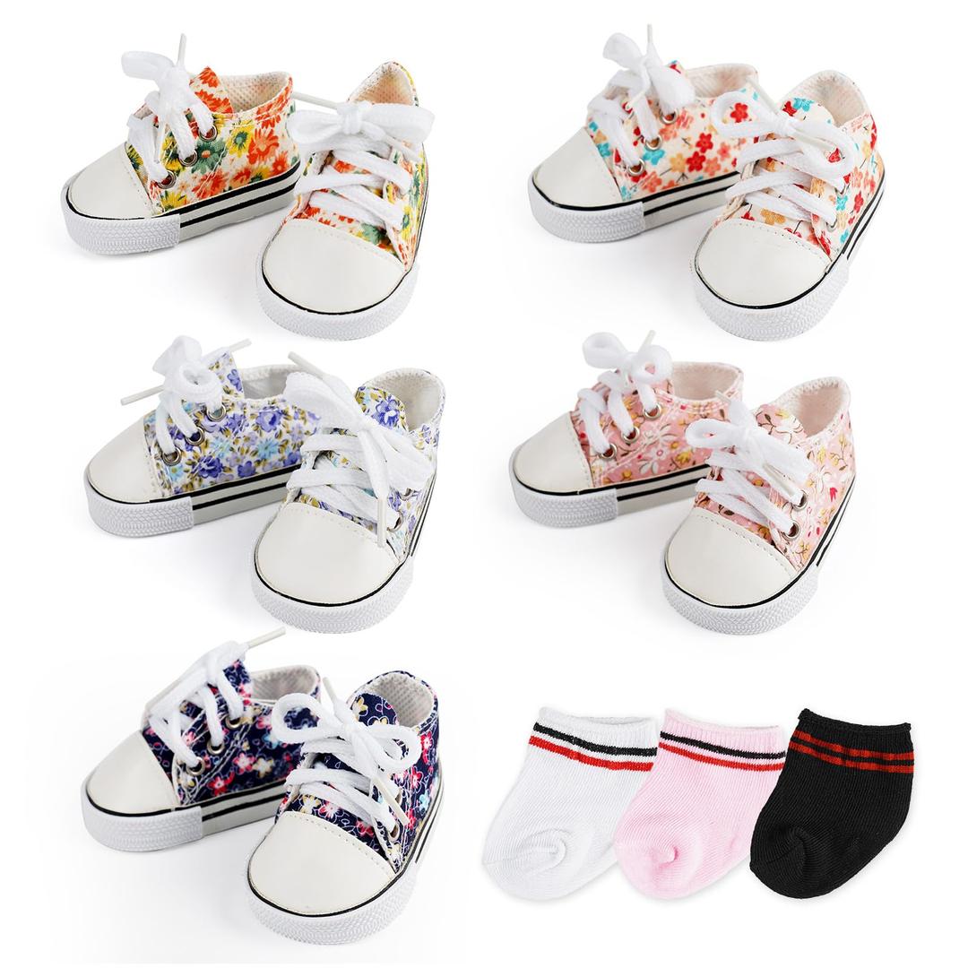 BABESIDE 18 Inch Baby Doll Shoes Sets with Socks for Dolls, 5 Pairs of Dolls Canvas Shoes with 3 Pair of Socks for 18 Inch Baby Doll Accessories, Floral Patterns