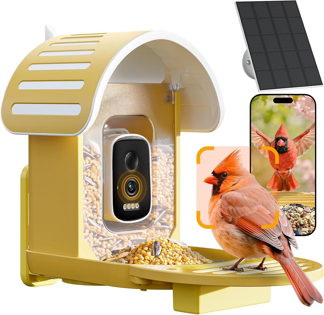 Smart Bird Feeder with Camera, 2.5K UHD Bird Feeder Camera Solar Powerd, Sensitive AI Identification, Instant Alerts Capture Video, IP66 Waterproof for Outdoor, Ideal Gift for Mom, Yellow