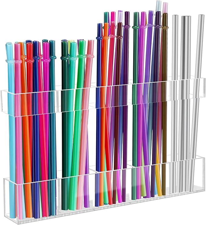 Malldii 9.5” Large Acrylic Straw Holder for Cabinet Door  Reusable Tumbler Straw Organizer Storage, Small Kitchen Accessories Container, Ultra Sticky Cupboard Door Mounted (Transparent)