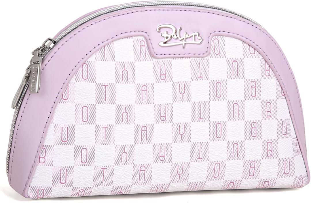 BOYATU Vegan Leather Cosmetic Bag: Refined Pattern Pouch with Built-In Tethered Pull-Out Mirror - Quick Touch-Ups Anywhere - Compact&Lightweight Easy to Carry(021-Purple)