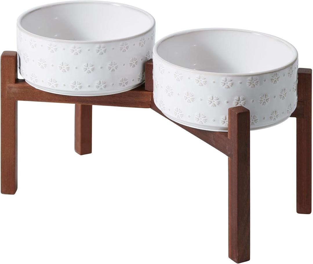 Havniva 8.2" Elevated Dog Bowls Ceramic Raised Dog Bowl with Non-Slip Stand (Acacia Wood) Weighted Dog Food & Water Bowl for Large Breed Dogs - 7.6 Cups 60 oz