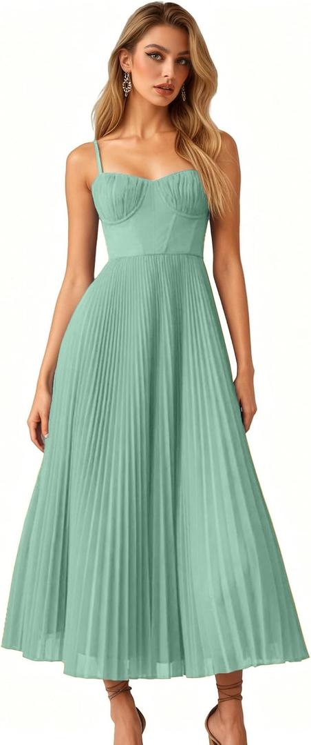 Womens Pleated A-Line Ruched Sleeveless Prom Dress Adjustable Spaghetti Strap Backless Party Gown Dress (Green) L
