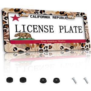 TUBAMQ Leopard Cheetah Print License Plate Frames,Tropical Leaves License Plate Frame Metal Aluminum Rustproof Car Accessories for Us Canada Standard Women Men 2 Holes with Screw Caps LPF-02