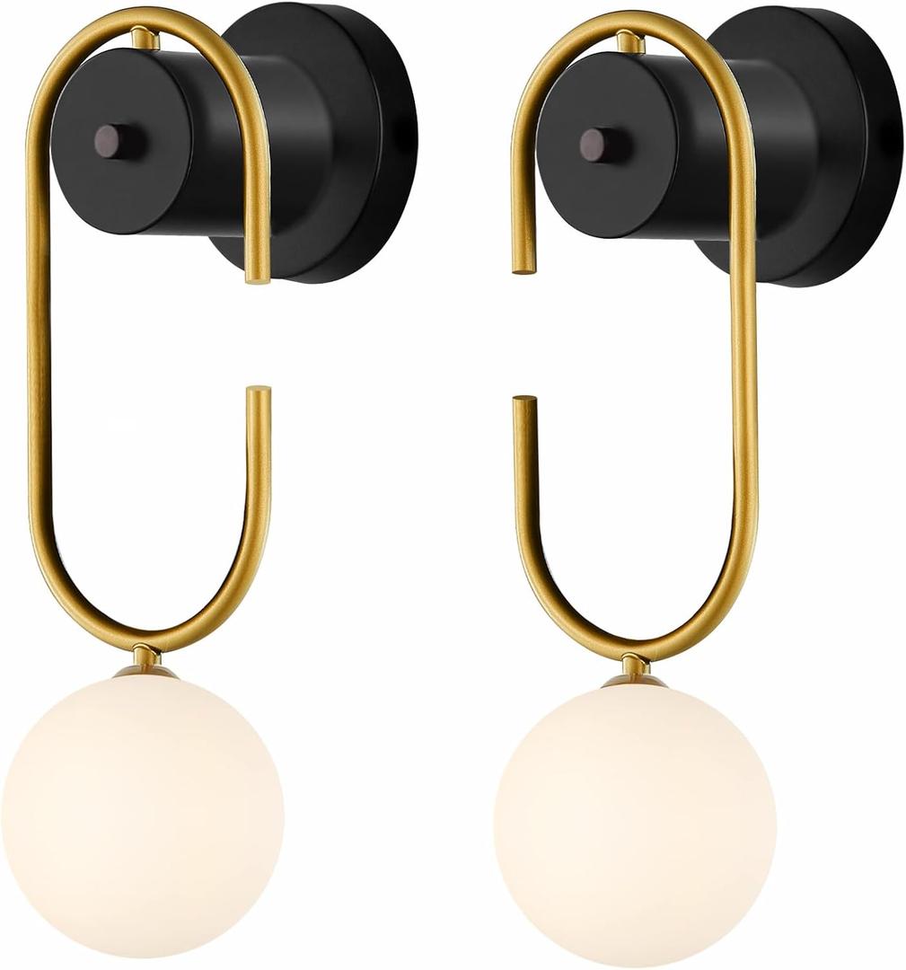 Modern Wall Sconce Milky Glass Shade Wall Light Home Decor, Mid Century Gold C-Shape Wall Light Fixture for Bedroom,Kitchen, Living Room, Restaurant, Exhibition, Stairway (2 Pack), 4.7'' L x 16.5'' H