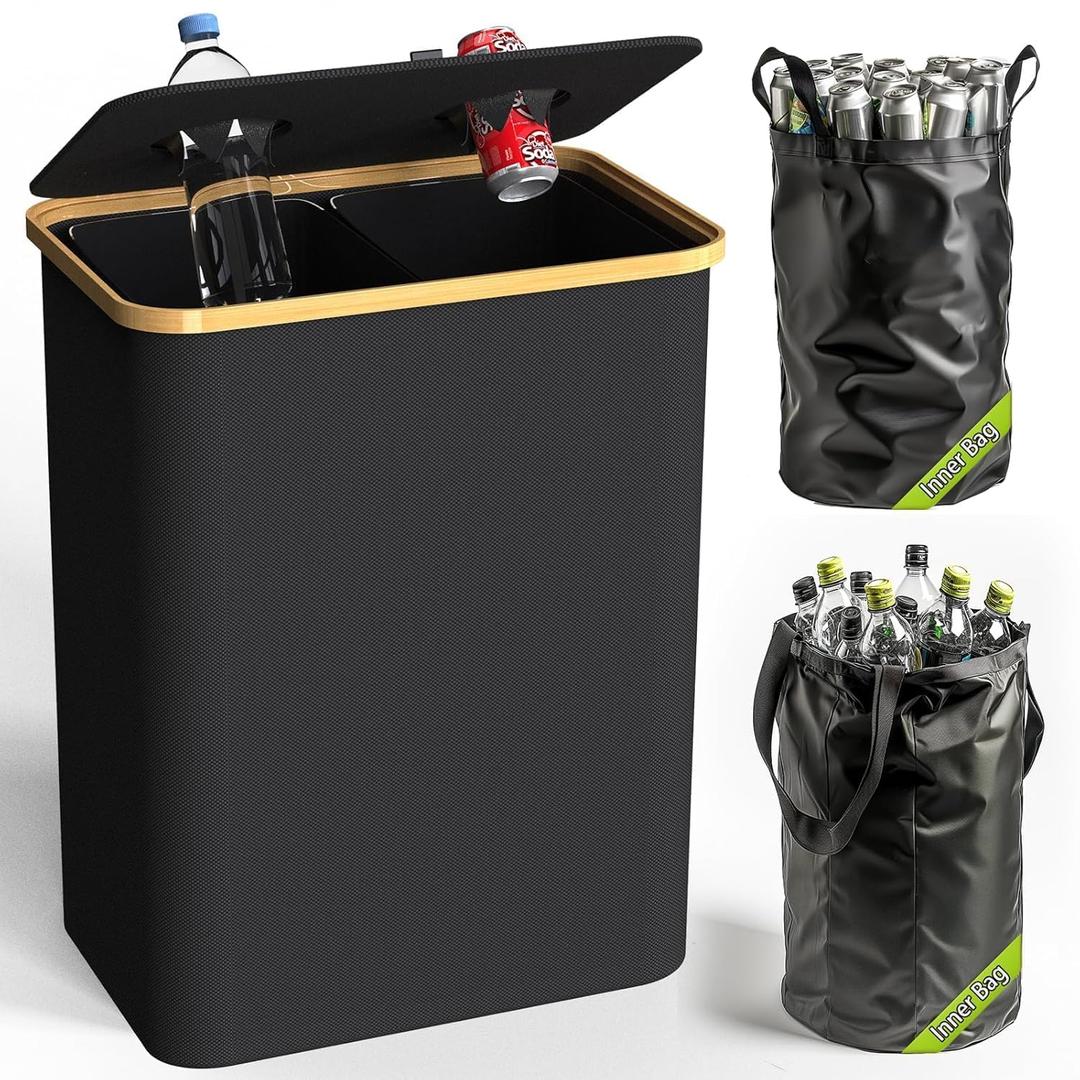 Recycling Bin Kitchen Indoor Home 40 Gallon 156L Recycle Bin with Lid 2 Removeable Reusable Inner Bag Bottle Can Glass Waste Plastice,Big Black