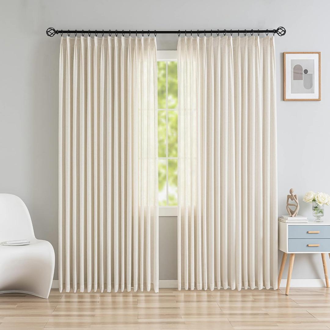 Faux Linen Double Pinch Pleated Window Curtains, Light Filtering Beige Semi Sheer Pinch Pleated Drapes for Living Room 84" W x 96" L 1 Panel