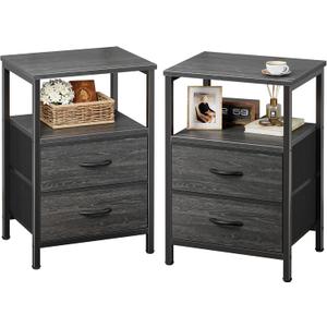 Huuger Night Stand Set of 2, Nightstand with 2 Drawers, Bed Side Table with Open Shelf, Wooden Top, End Table, Fabric Drawer with Charcoal Black Wood Grain Print, for Bedroom