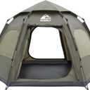 Hewolf 2/3/4 Person Camping Tent - Instant Pop Up Waterproof 2 Doors Tent with Easy Setup | 3-Season Hexagonal Dome Design for Family, Hiking & Traveling, Dark Green 