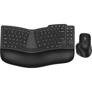 Ergonomic Wireless Keyboard Mouse, Wave Key Bluetooth/2.4G Split Design Ergo Keyboard Mouse Combo with Cushioned Palm Rest, Multi-Device, Rechargeable, for Multi-OS, Windows/Mac/Android