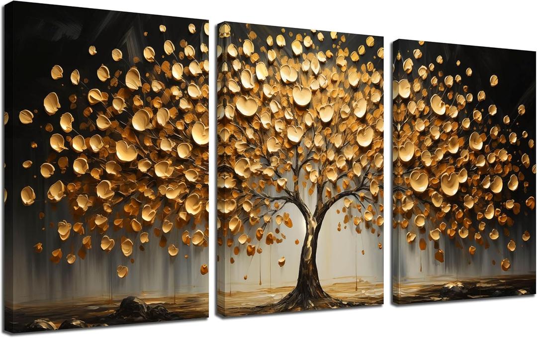 Gold Wall Art for Living Room Tree of Life Canvas Wall Art Bedroom Large Office Wall Decor 16 x 24 Inch x 3 Pieces
