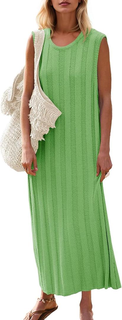 Fisoew Women Summer Sleeveless Maxi Dress Scoop Neck Ribbed Knit Tank Dress | Maternity, Sweater Dress, Cozy Fabric, Loose Fit, Long Dress, Round Neck, Going Out, Pregnancy (M)