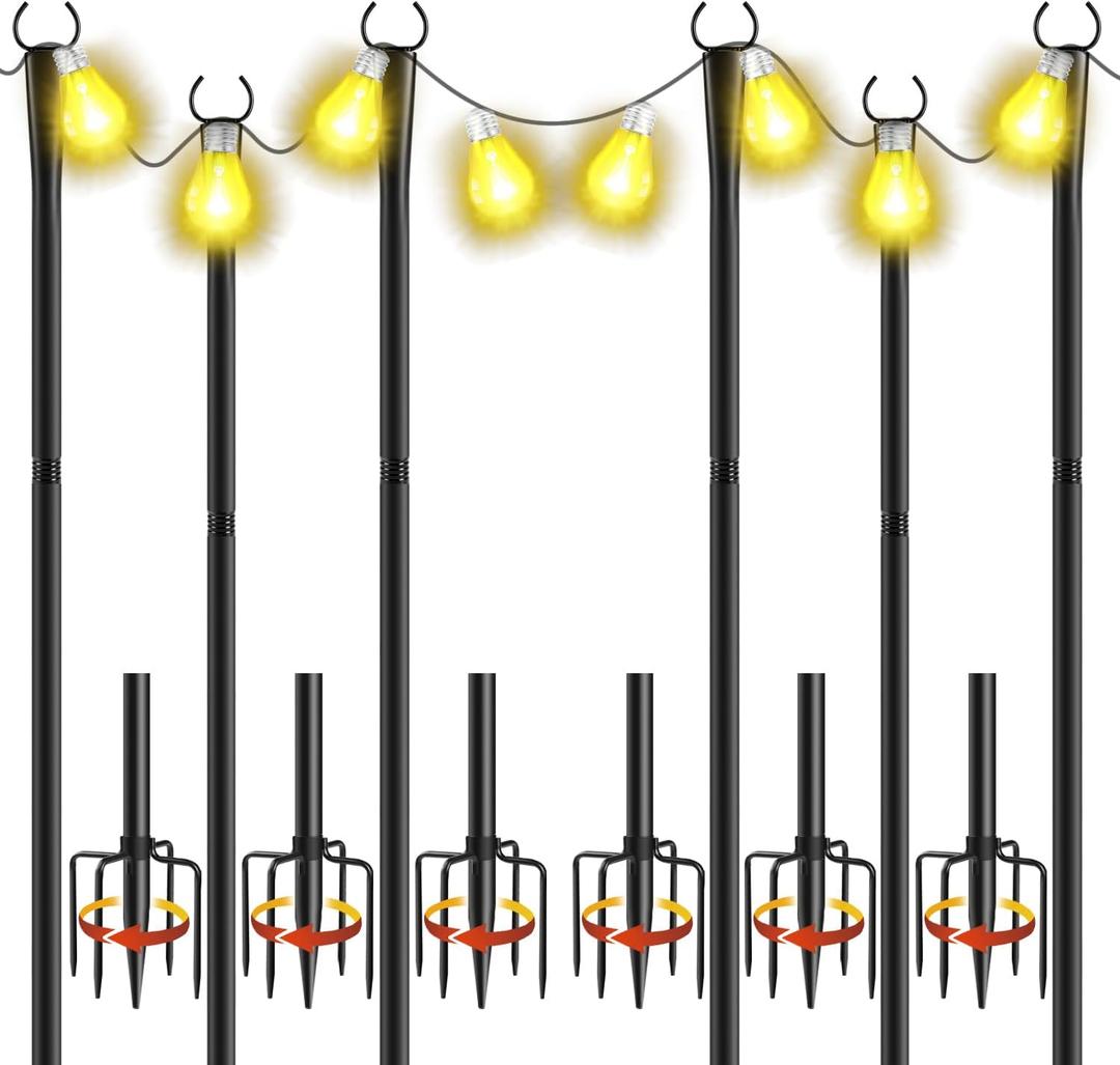 6 Pack 10Ft String Light Poles, Metal Poles with Fork for Outside Lights,Outdoor Metal Light Stand with Fence Brackets Hanging Lights for Garden Patio Wedding Backyard Deck Party