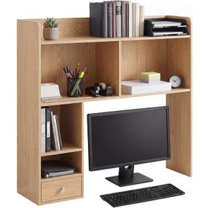 Cinnvoice Natural Desktop Bookshelf Countertop Storage Hutch with Drawer for Computer Desk 5-Tier Display Rack Multipurpose Wood Desktop Hutch Storage Organize for College Dorm Home Office Supply, 32.3 x 31.5 x 7.9 inches