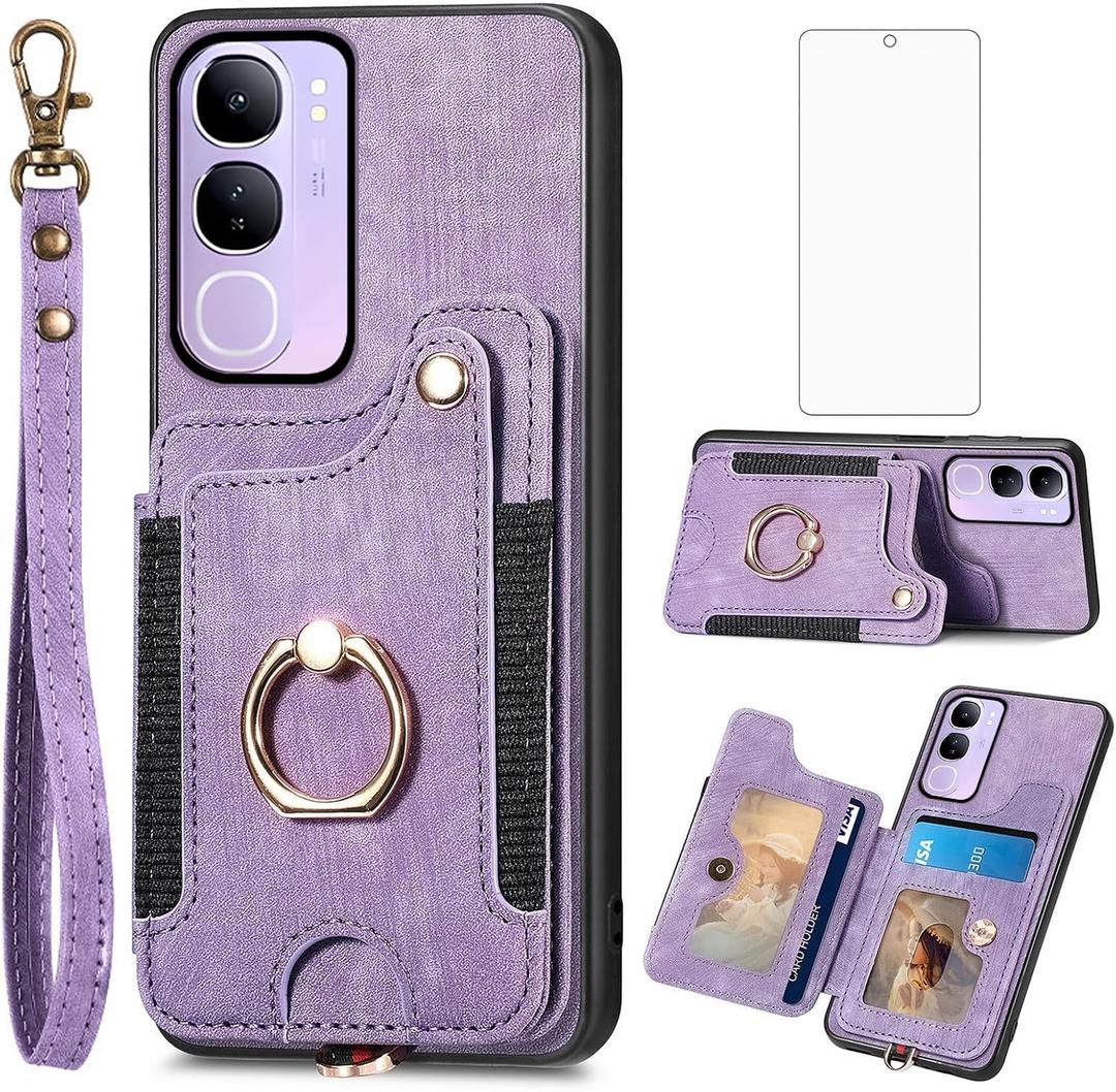 Asuwish Phone Case for Vivo V40 Lite/V30E Wallet Cover with Wrist Strap Lanyard RFID Credit Card Holder Ring Stand Cell Accessories V 40 V 30E Women Men Purple