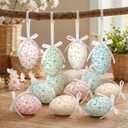 Gemscream 24 Pcs Easter Eggs Hanging Ornaments, Colorful Foam Easter Hanging Eggs Decorations with Bow Bunny and Floral Designs for Tree Basket Filler Decor Party Favors (Toile de Jouy Style)