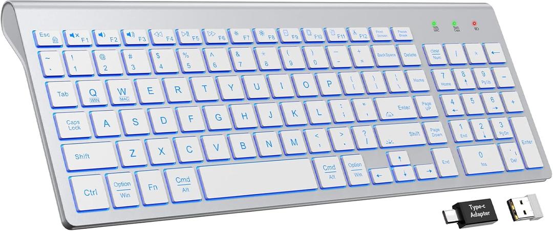 SABLUTE Wireless Keyboard with 7 Colored Backlits, Rechargeable Silent Compact Cordless Computer Keyboard with Low Profile Quiet Light Up Keys for Windows, PC, Linux, Chrome, Mac (Silver)