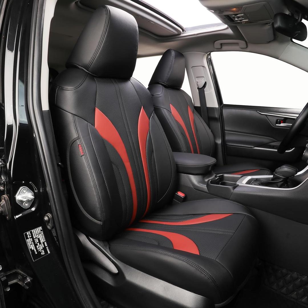 EKR Rav4 Seat Covers Custom Fit for Toyota Rav4 (Only Hybrid) 2019-2025 LE,XLE,XLE Premium,Limited,Woodland Edition, Leather Car Seat Cover Full Set for SUV,Faux Leather(Black +Burgundy)