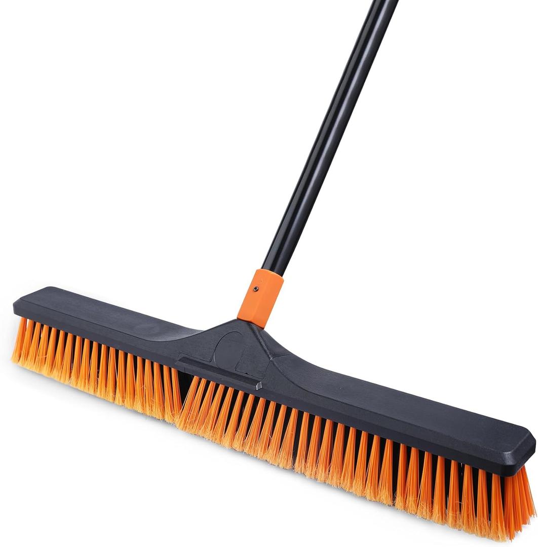 CLEANHOME 24Push Broom Brush for Floor Cleaning with 65 Long Handle and Stiff Bristles, Heavy Duty Brush for Shop, Deck, Garage, Concrete,Indoor and Outdoor Broom,Orange