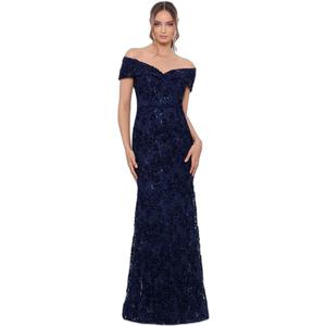 Xscape Women's Off The Shoulder Sequin & Lace Overlay Evening Gown with Sweetheart Neckline, Sheath Formal Dress 8P