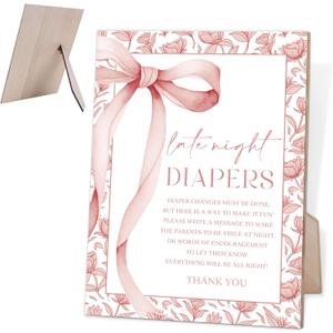 Baby Shower Games Late Night Diapers Sign, Pink Bow Baby Shower Table Decorations for Baby Shower and Gender Reveal Party, Reveal Party Supplies, Baby Shower Gifts, 6X8 Inch Wooden Sign with Stand-2