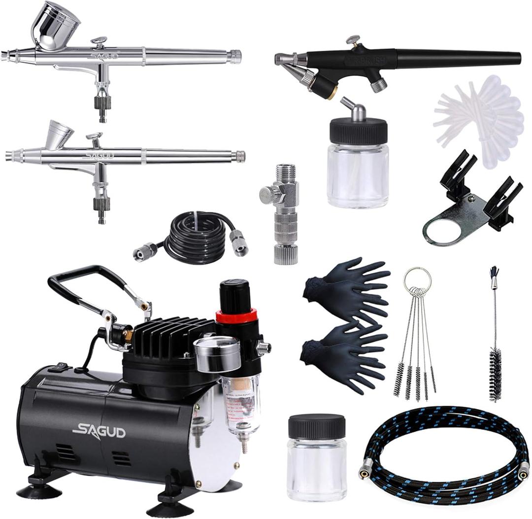 SAGUD Airbrush Kit with Compressor, Air Brush compressor set with 3 Professional Air brushes for Model Painting,Gravity Feed and Siphon Feed Airbrush Gun for Nail,Cake,Nails,Body,Hobby.
