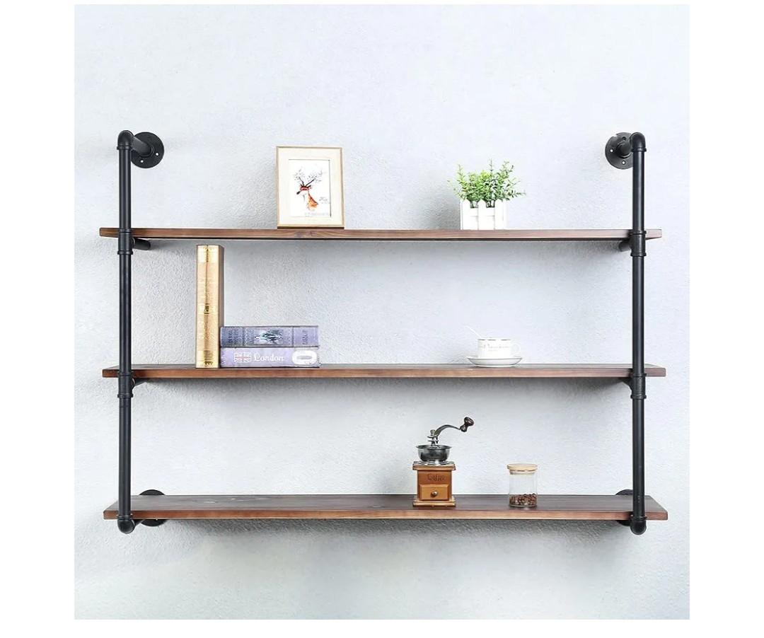 Industrial Pipe Shelves With Wood Planks,Rustic Pipe Shelving Wall ShelfMetal Pipe Solid Pine Wood,Easy to Assemble,Wooden Board Thickness 0.78 In,For Bar Farmhouse Kitchen Office Bathroom,Bedroom