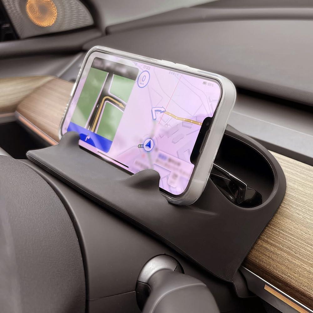 Steering Wheel Mount Phone Holder with Sunglasses Storage Organizer Tray, Compatible with Tesla Model Y 2020-2024 & Model 3 2016-2023, Not Fit Model Y Juniper 2025-2026 & Model 3 Highland 2024-2026