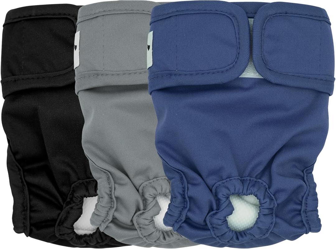 3 Pack Female Dog Diapers Washable - Premium Reusable Diapers for Dogs in Heat - Highly Absorbent for Puppies, Incontinence - Multiple Colors & Sizes(S, Black+Grey+Blue)