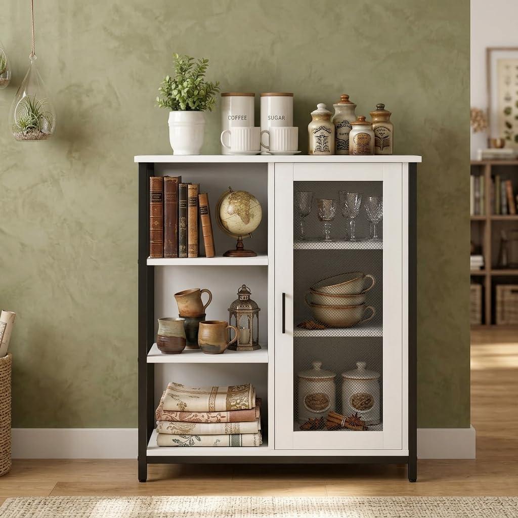 27.5'' Mini Coffee Bar Cabinet with Storage, 3-Tier White Corner Bar Cabinet for Tea, Small Wine Bar Table, Buffet Sideboard Cabinet for Dining Room, Farmhouse Coffee Station for Wine, 27.5 x 11.8 x 31.5 inches