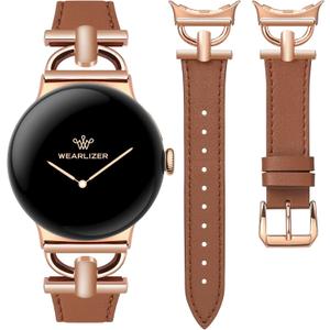 Wearlizer Leather Bands Compatible with Google Pixel Watch 4/3 41mm/Pixel Watch 2/1 Band Women, Dressy Designer Slim Leather Strap with D-Shape Metal Buckle for Pixel Smartwatch Accessories (Brown/Rose Gold)