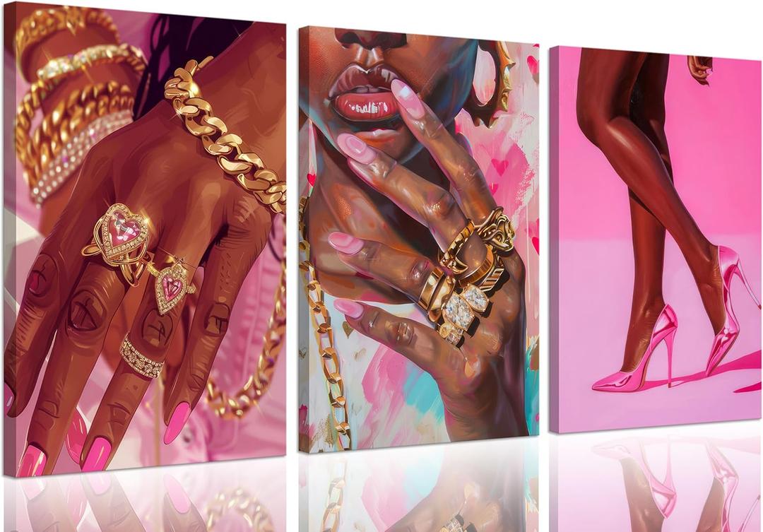 3Pcs Pink Fashion Black Girl Canvas Wall Art African American Black Woman Wall Decor Pictures Gorgeous Black Girl Posters Prints for Living Room Bedroom Artwork Home Decoration Prepare to Hang (12x16in)