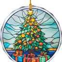 Stained Glass Styled Christmas Ornament  3 Inch Flat Round Real Glass Decoration, Double-Sided Print  Perfect for Holiday Tree, Window, or Gift