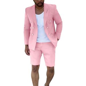 Shorts Suits for Men 2 Piece Slim Fit Double Breasted Mens Shorts Suit Set Casual Prom Summer Beach Wedding Tuxedos (Small, Pink) Shorts Suits for Men 2 Piece Slim Fit Double Breasted Mens Shorts Suit Set Casual Prom Summer Beach Wedding Tuxedos (Small, Pink)