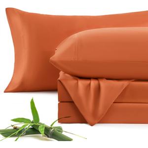 JSD 100% Viscose Derived from Bamboo Sheet Set King, Burnt Orange Cooling Sheets for Hot Sleepers, 300TC Sateen Weave, 16" Deep Pocket Corner Straps, Soft Silky Breathable Hotel Quality