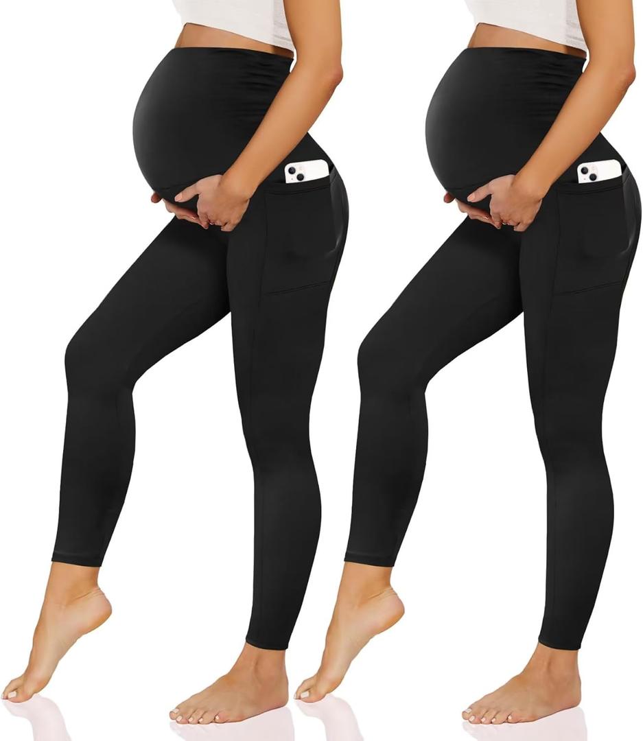 Happy.angel 2 Pack Maternity Leggings with Pockets Over the Belly, Womens Black Workout Yoga Pregnancy Pants 3XL