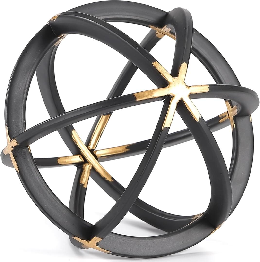 7" Metal Sphere Decor, Metal Coffee Table Decor Sculpture - Black & Gold, Abstract Tabletop Decorative Ball for Home, Decorative Balls for Centerpiece Bowls