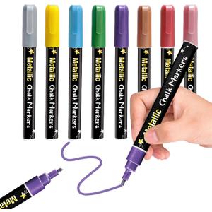 Liquid Chalk Markers - 8 Metallic Markers Dry & Wet Erase Marker Pens Washable Paint Chalk Pens for Chalkboard Signs, Car Windows, Blackboard, Glass, Dry-erase Board, Whiteboards - 3mm