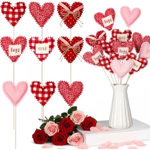 12 Pcs Valentine's Day Heart Picks 13 inch 3D Fabric Heart Picks Decorations for Valentine's Day Vase Holiday Wedding Home Decoration