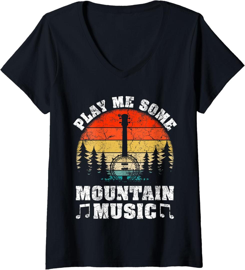 Womens Vintage Play Me Some Mountain Music Mandolin V-Neck T-Shirt (Medium, Black)