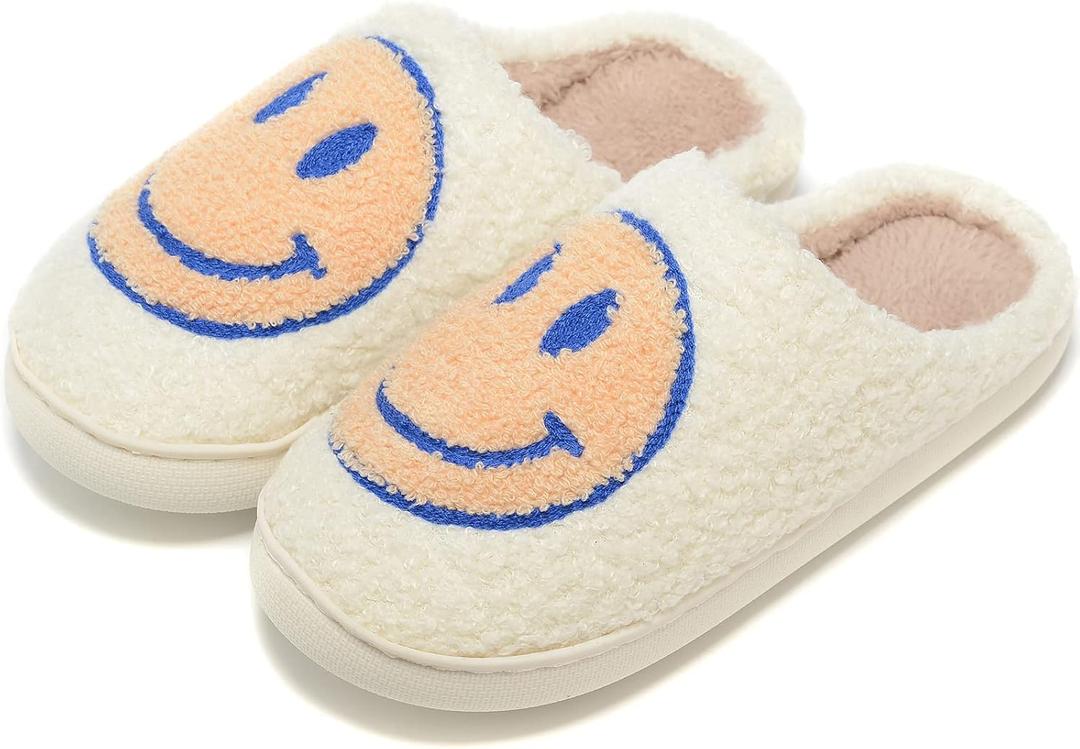 Retro Fuzzy Face Slippers for Women Men, Retro Soft Fluffy Warm Home Non-Slip Couple Style Casual Smile Face Slippers Indoor Outdoor Anti-Skid Warm Cozy Foam Slide Fuzzy Slides with Soft Memory Foam Shoes (6.5-7.5 Women/7-8 Men, Blue)